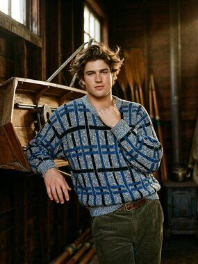 JJ Cochran Mens Large Sweater Blue Gray Cotton Acrylic Geometric Pullover Retro